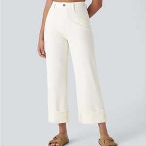 HALARA High Waisted Pockets Rolled Hem Wide Leg Washed Jeans